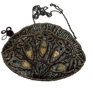 Vintage Beaded Evening Bag Clutch Purse‎ Chain Strap Brown Gold Party Crossbody